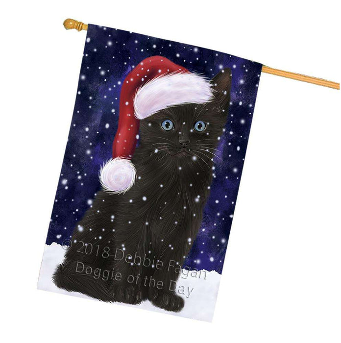 Let it Snow Christmas Holiday Black Cat Wearing Santa Hat House Flag FLG54481