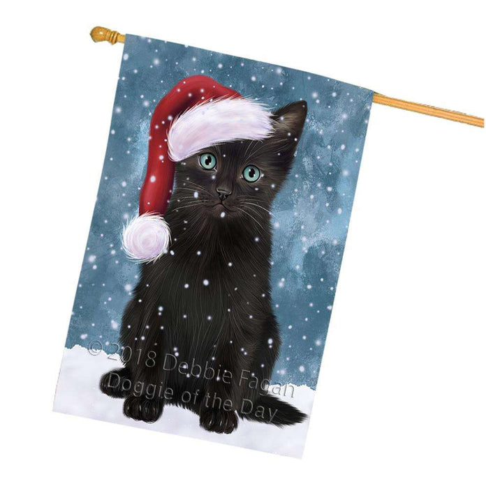 Let it Snow Christmas Holiday Black Cat Wearing Santa Hat House Flag FLG54482