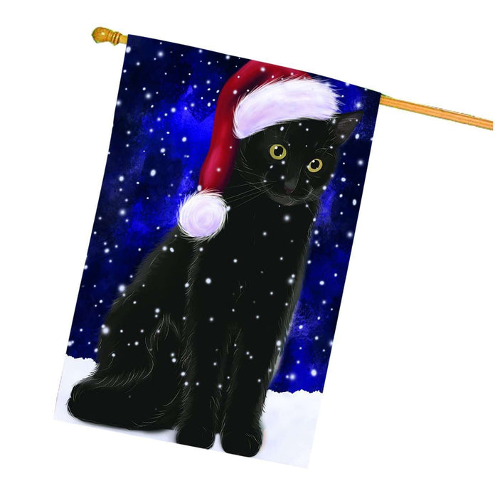 Let it Snow Christmas Holiday Black Cat Wearing Santa Hat House Flag