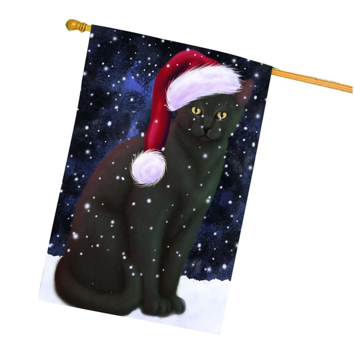 Let it Snow Christmas Holiday Black Cat Wearing Santa Hat House Flag