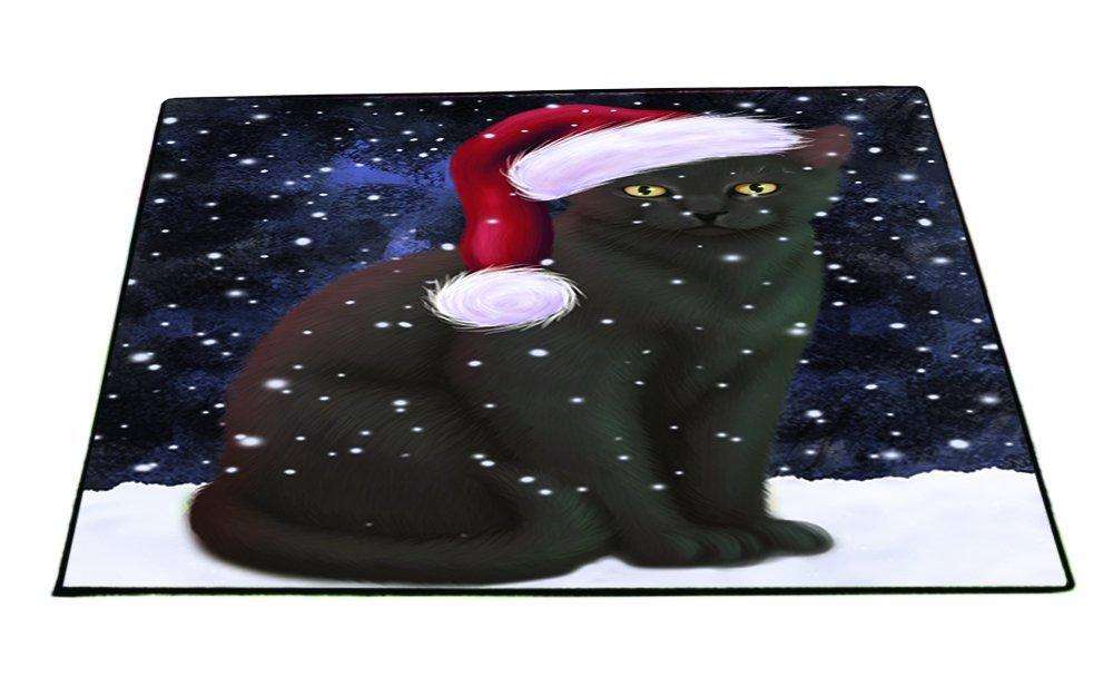 Let it Snow Christmas Holiday Black Cat Wearing Santa Hat Indoor/Outdoor Floormat