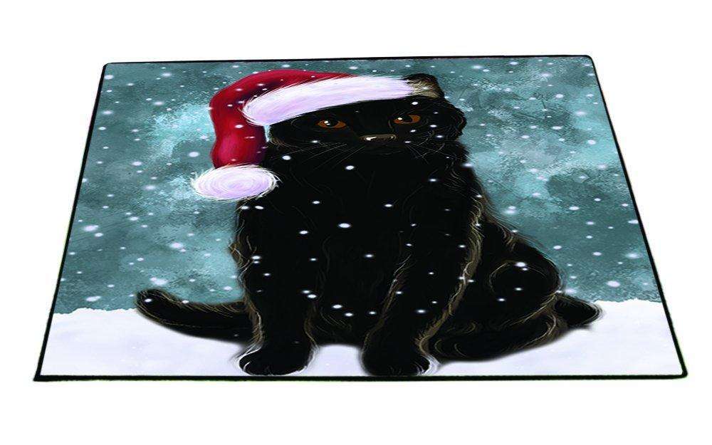 Let it Snow Christmas Holiday Black Cat Wearing Santa Hat Indoor/Outdoor Floormat