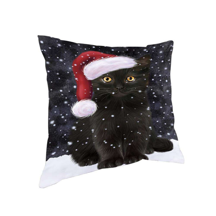 Let it Snow Christmas Holiday Black Cat Wearing Santa Hat Pillow PIL73752