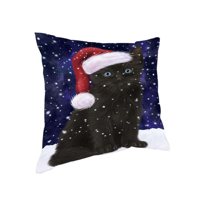 Let it Snow Christmas Holiday Black Cat Wearing Santa Hat Pillow PIL73756