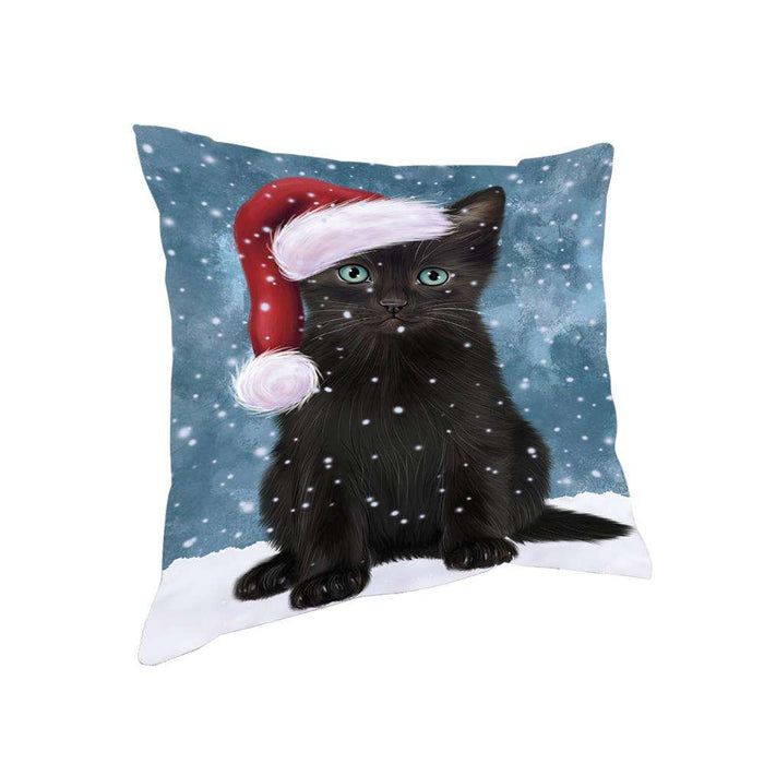 Let it Snow Christmas Holiday Black Cat Wearing Santa Hat Pillow PIL73760
