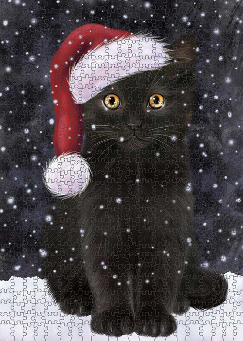 Let it Snow Christmas Holiday Black Cat Wearing Santa Hat Puzzle with Photo Tin PUZL84284