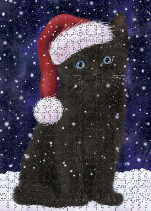 Let it Snow Christmas Holiday Black Cat Wearing Santa Hat Puzzle with Photo Tin PUZL84288