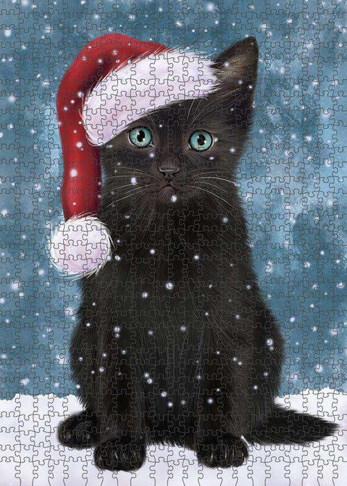 Let it Snow Christmas Holiday Black Cat Wearing Santa Hat Puzzle with Photo Tin PUZL84292