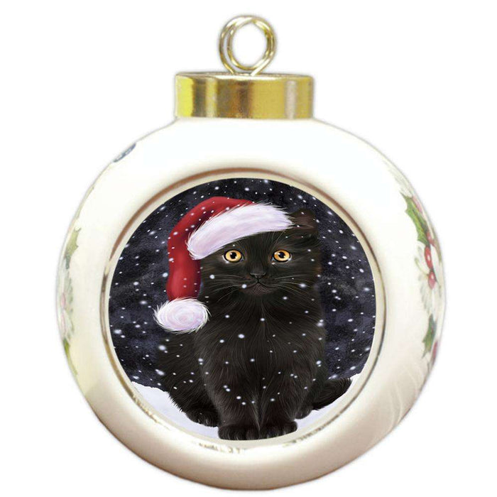 Let it Snow Christmas Holiday Black Cat Wearing Santa Hat Round Ball Christmas Ornament RBPOR54282