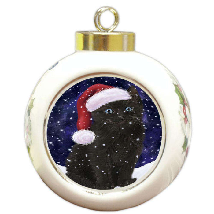 Let it Snow Christmas Holiday Black Cat Wearing Santa Hat Round Ball Christmas Ornament RBPOR54283