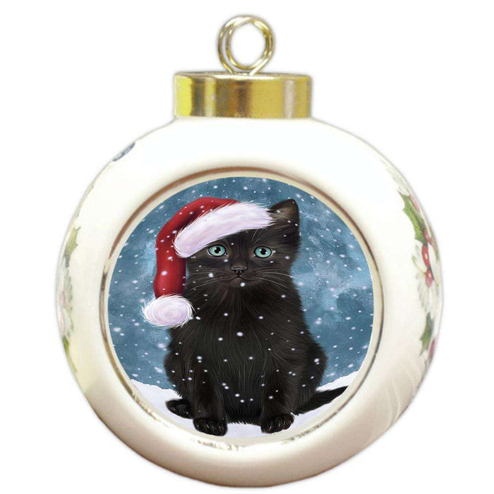 Let it Snow Christmas Holiday Black Cat Wearing Santa Hat Round Ball Christmas Ornament RBPOR54284