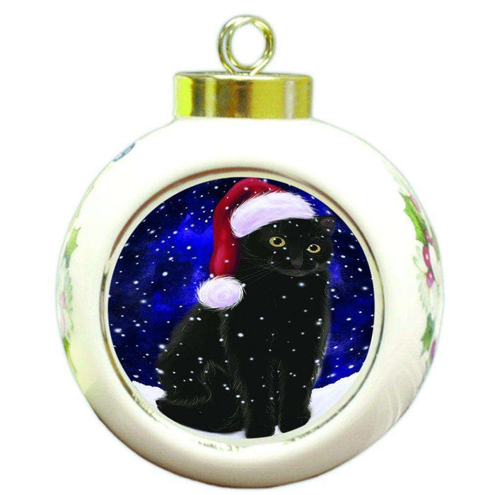 Let it Snow Christmas Holiday Black Cat Wearing Santa Hat Round Ball Ornament D318