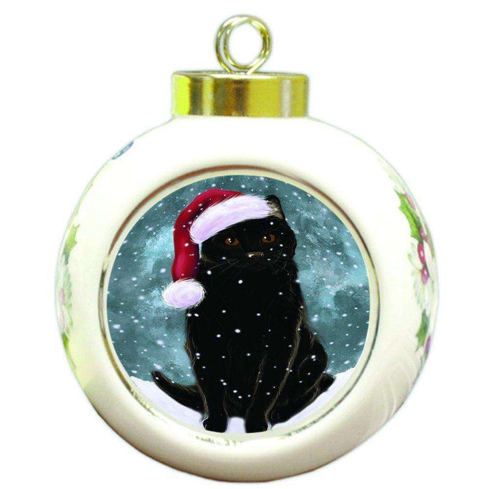 Let it Snow Christmas Holiday Black Cat Wearing Santa Hat Round Ball Ornament D319