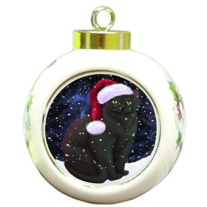 Let it Snow Christmas Holiday Black Cat Wearing Santa Hat Round Ball Ornament D320
