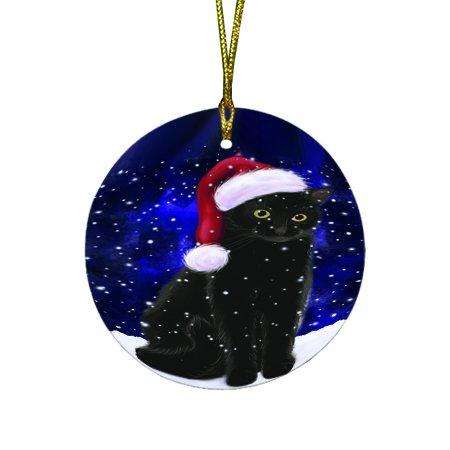 Let it Snow Christmas Holiday Black Cat Wearing Santa Hat Round Ornament D318