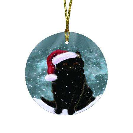 Let it Snow Christmas Holiday Black Cat Wearing Santa Hat Round Ornament D319