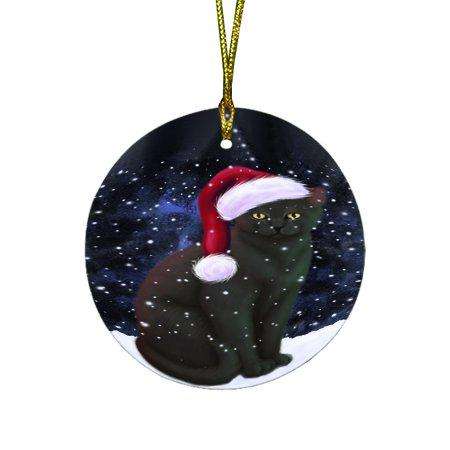 Let it Snow Christmas Holiday Black Cat Wearing Santa Hat Round Ornament D320