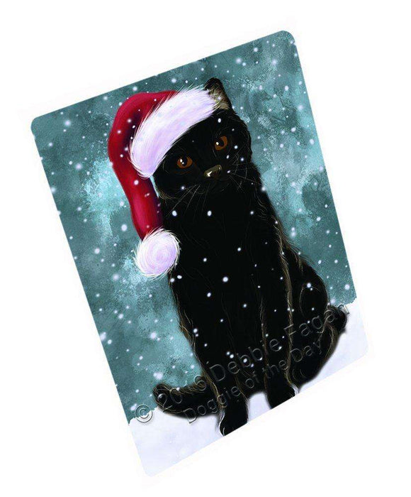 Let it Snow Christmas Holiday Black Cat Wearing Santa Hat Tempered Cutting Board