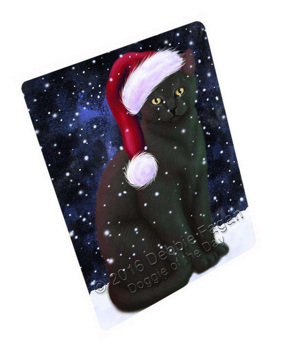 Let it Snow Christmas Holiday Black Cat Wearing Santa Hat Tempered Cutting Board