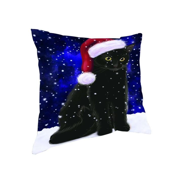 Let it Snow Christmas Holiday Black Cat Wearing Santa Hat Throw Pillow