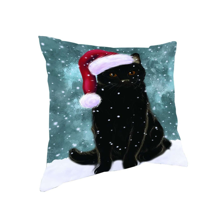 Let it Snow Christmas Holiday Black Cat Wearing Santa Hat Throw Pillow