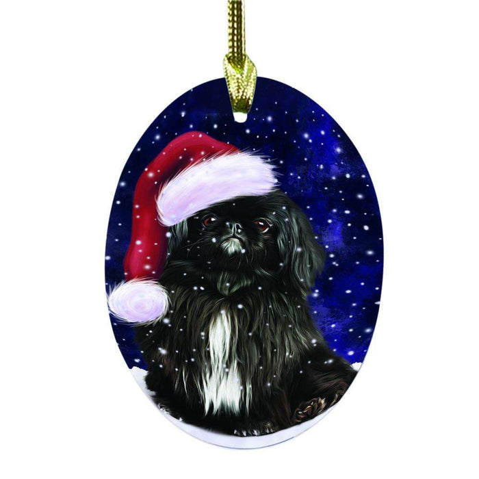 Let it Snow Christmas Holiday Black Pekingnes Dog Oval Glass Christmas Ornament OGOR48462