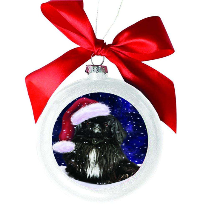Let it Snow Christmas Holiday Black Pekingnes Dog White Round Ball Christmas Ornament WBSOR48462
