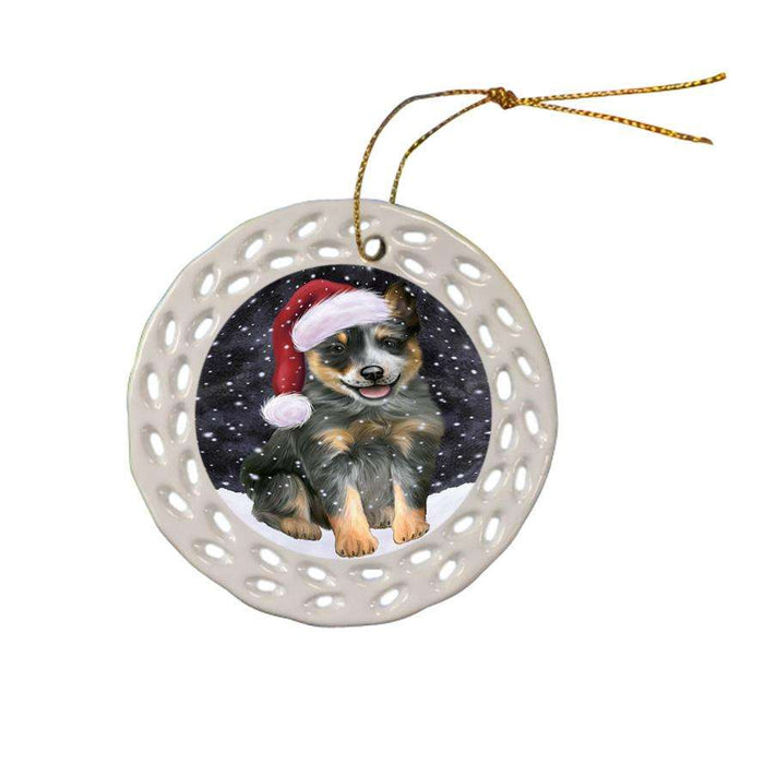 Let it Snow Christmas Holiday Blue Heeler Dog Wearing Santa Hat Ceramic Doily Ornament DPOR54285