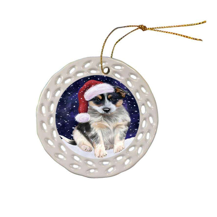 Let it Snow Christmas Holiday Blue Heeler Dog Wearing Santa Hat Ceramic Doily Ornament DPOR54286
