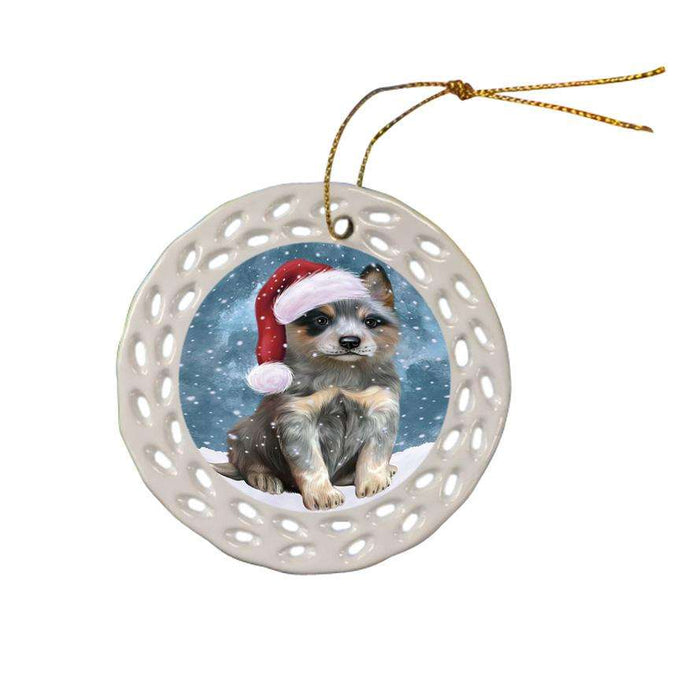Let it Snow Christmas Holiday Blue Heeler Dog Wearing Santa Hat Ceramic Doily Ornament DPOR54287