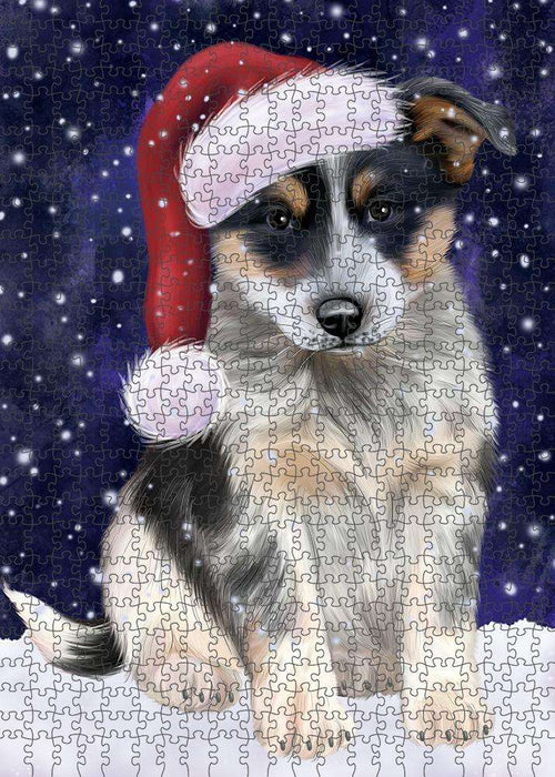 Let it Snow Christmas Holiday Blue Heeler Dog Wearing Santa Hat Puzzle with Photo Tin PUZL84300