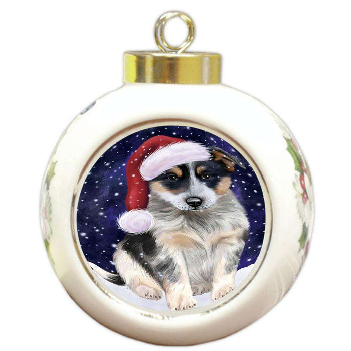 Let it Snow Christmas Holiday Blue Heeler Dog Wearing Santa Hat Round Ball Christmas Ornament RBPOR54286