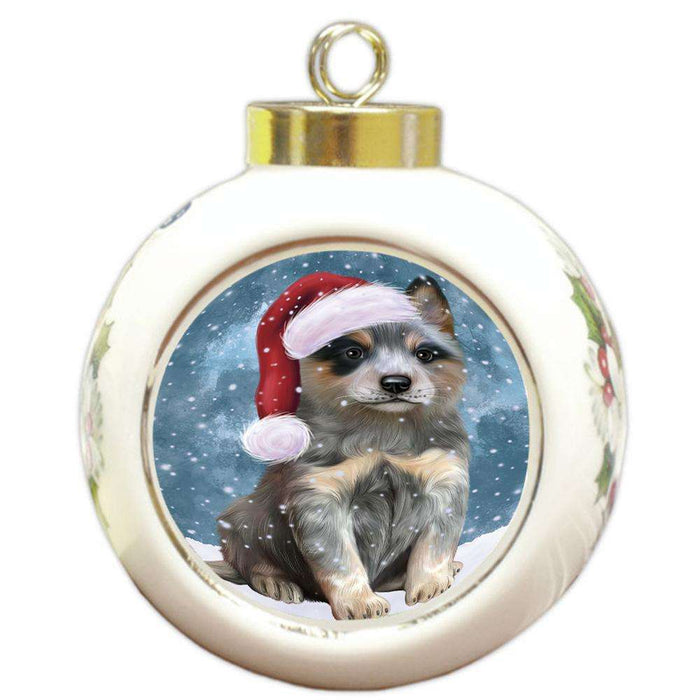 Let it Snow Christmas Holiday Blue Heeler Dog Wearing Santa Hat Round Ball Christmas Ornament RBPOR54287