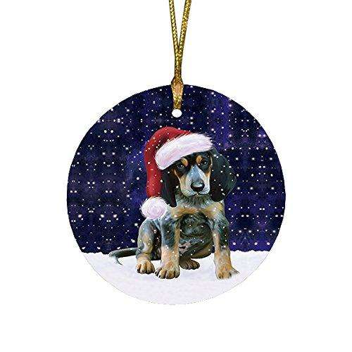 Let it Snow Christmas Holiday Bluetick Coonhound Dog Wearing Santa Hat Round Ornament