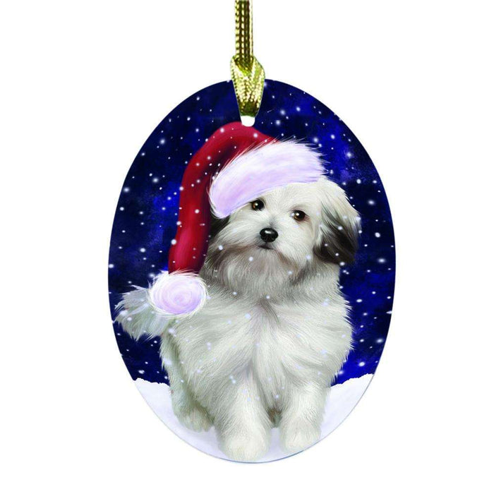 Let it Snow Christmas Holiday Bolognese Dog Oval Glass Christmas Ornament OGOR48468