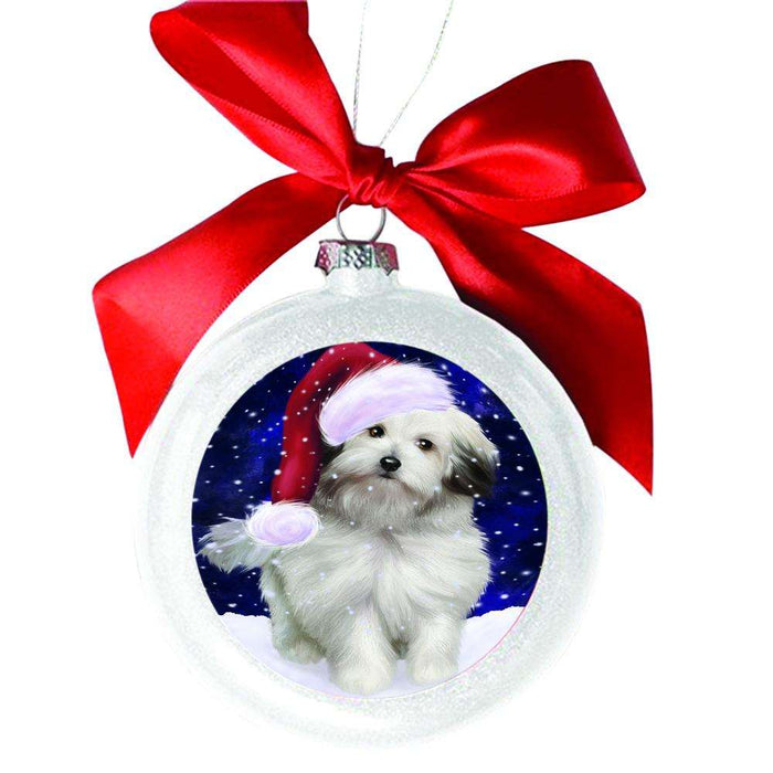 Let it Snow Christmas Holiday Bolognese Dog White Round Ball Christmas Ornament WBSOR48468