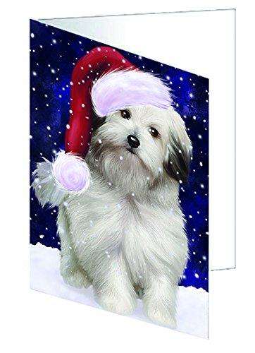 Let it Snow Christmas Holiday Bolognese Dogs Wearing Santa Hat Handmade Artwork Assorted Pets Greeting Cards and Note Cards with Envelopes for All Occasions and Holiday Seasons