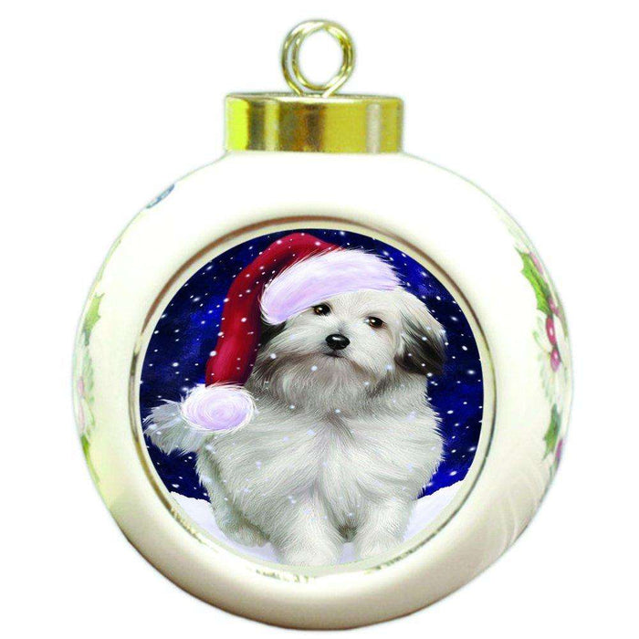 Let it Snow Christmas Holiday Bolognese Dogs Wearing Santa Hat Round Ball Ornament D322