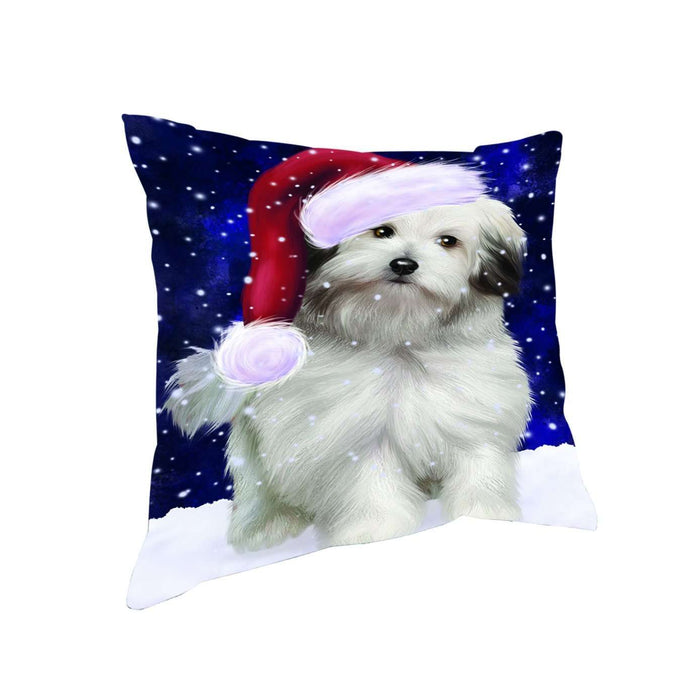 Let it Snow Christmas Holiday Bolognese Dogs Wearing Santa Hat Throw Pillow