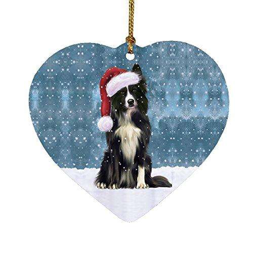 Let it Snow Christmas Holiday Border Collie Dog Wearing Santa Hat Heart Ornament D263