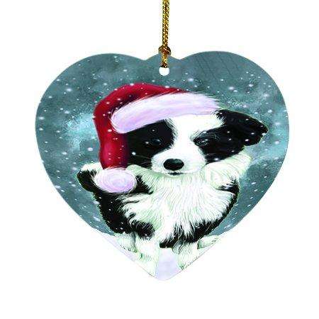 Let it Snow Christmas Holiday Border Collie Dog Wearing Santa Hat Heart Ornament D327