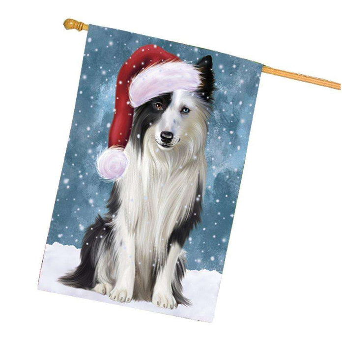 Let it Snow Christmas Holiday Border Collie Dog Wearing Santa Hat House Flag HF457