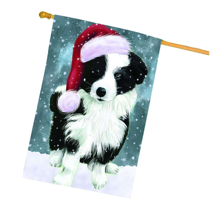 Let it Snow Christmas Holiday Border Collie Dog Wearing Santa Hat House Flag