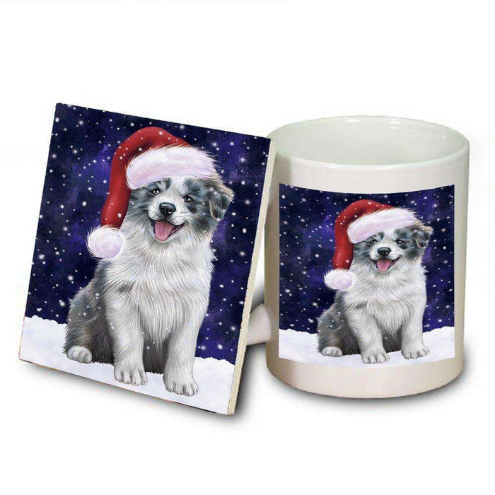 Let it Snow Christmas Holiday Border Collie Dog Wearing Santa Hat Mug and Coaster Set