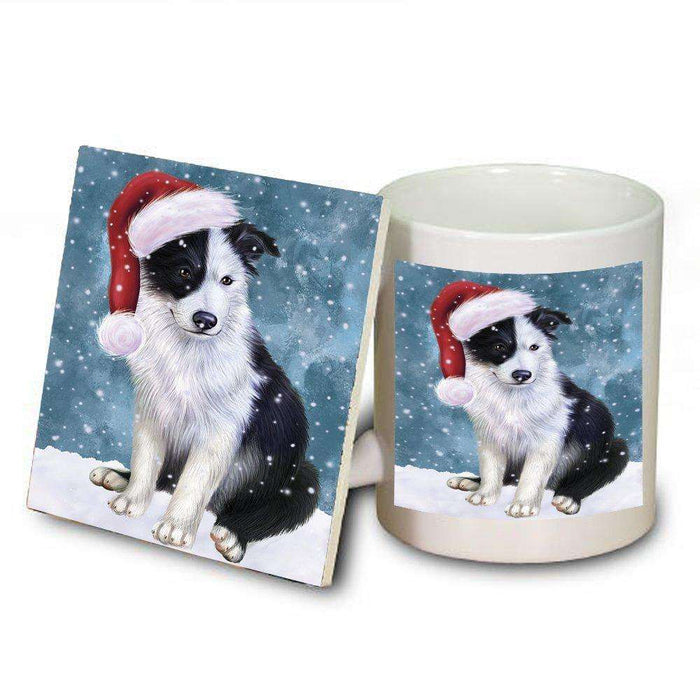 Let it Snow Christmas Holiday Border Collie Dog Wearing Santa Hat Mug and Coaster Set