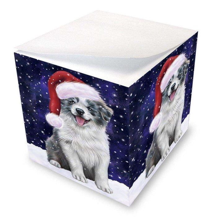 Let it Snow Christmas Holiday Border Collie Dog Wearing Santa Hat Note Cube D270