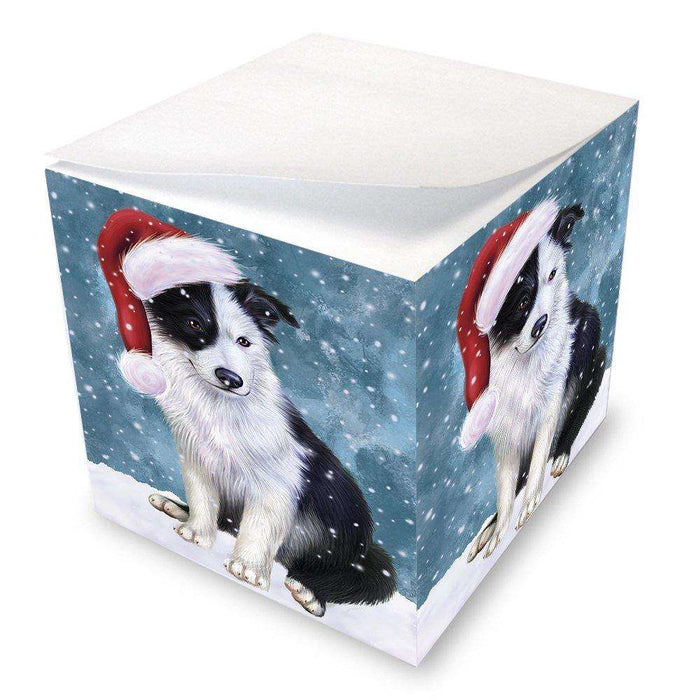 Let it Snow Christmas Holiday Border Collie Dog Wearing Santa Hat Note Cube D271