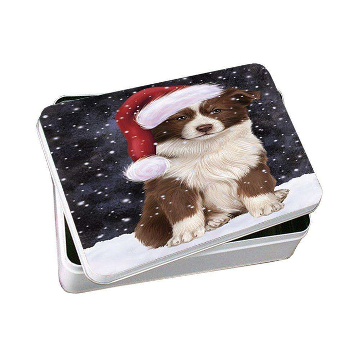 Let it Snow Christmas Holiday Border Collie Dog Wearing Santa Hat Photo Storage Tin