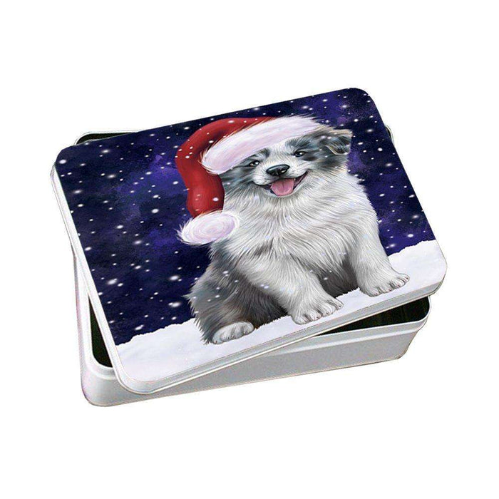 Let it Snow Christmas Holiday Border Collie Dog Wearing Santa Hat Photo Storage Tin