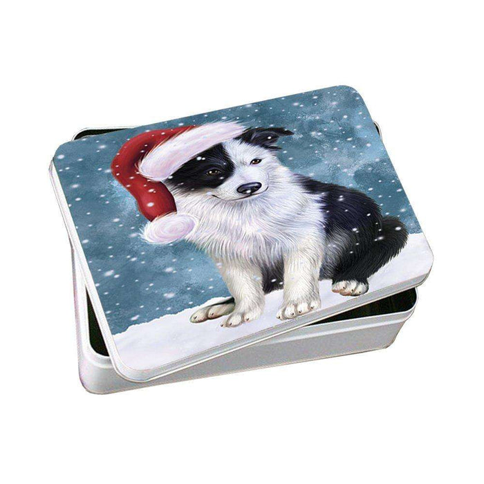 Let it Snow Christmas Holiday Border Collie Dog Wearing Santa Hat Photo Storage Tin